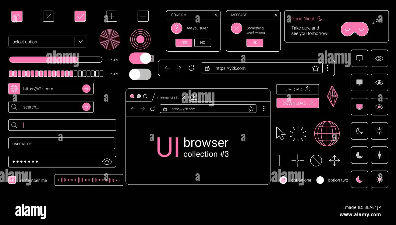 Y2k browser ui kit with retro window interface elements including dialog boxes buttons and dark desktop web layout components Stock Vector