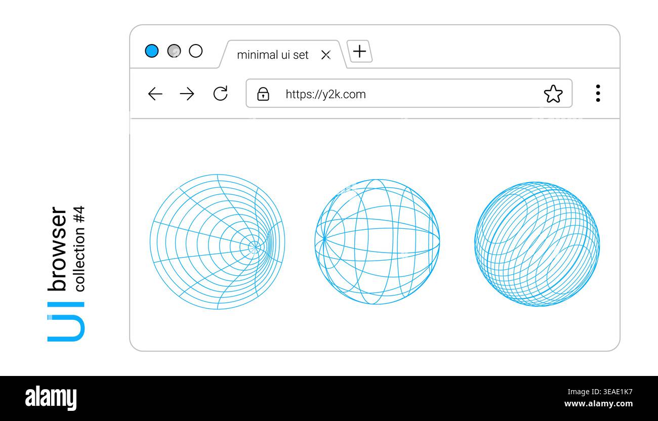 Y2k browser window with retro web interface and abstract globe wireframe elements in minimal desktop layout Stock Vector