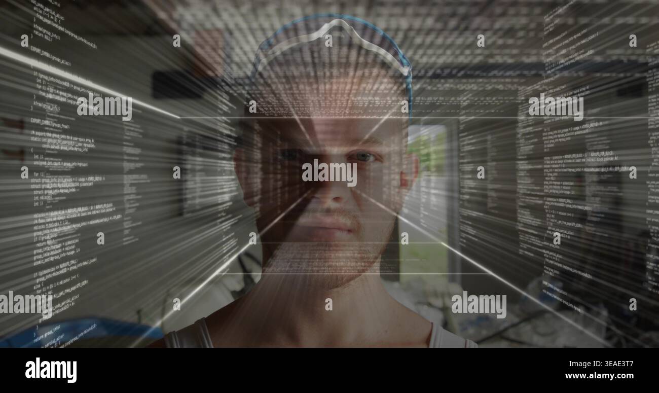Facing adult man wearing white tank top and sunglasses on head at home, displaying code overlay Stock Photo