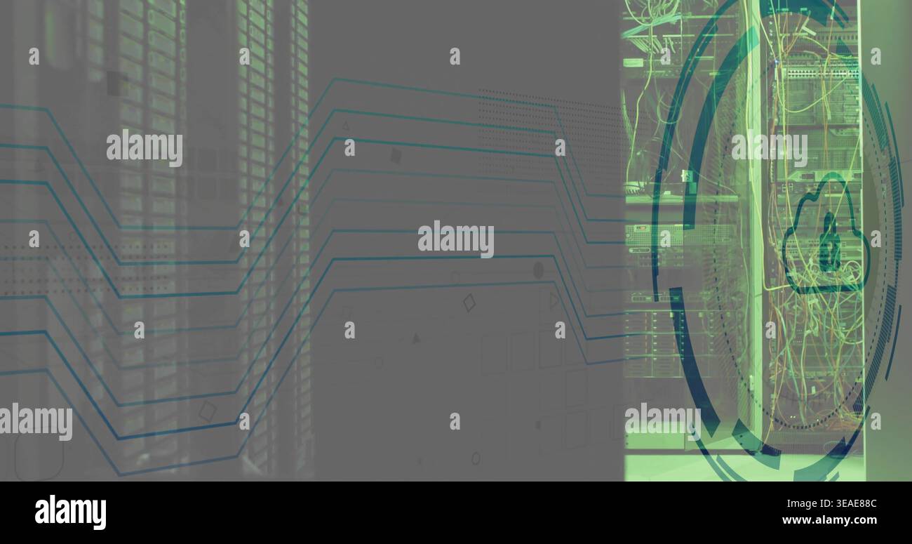 Displaying single server rack on right in data center, showing patch cables, LEDs, HUD, copy space Stock Photo