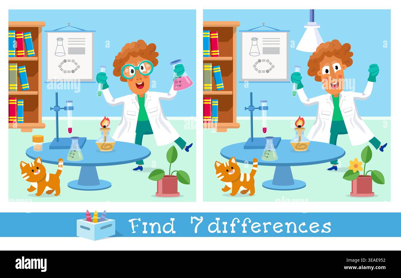 Science Find Differences Find seven differences educational game for kids with man scientist in ...