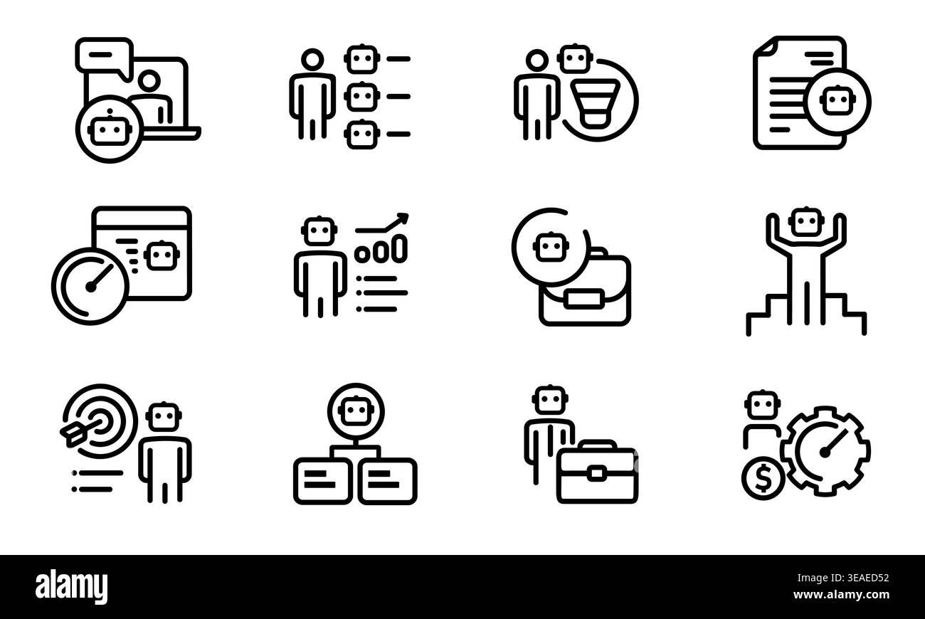 Agentic AI icon set featuring autonomous artificial intelligence agents for business workflow automation smart task management digital workforce Stock Vector