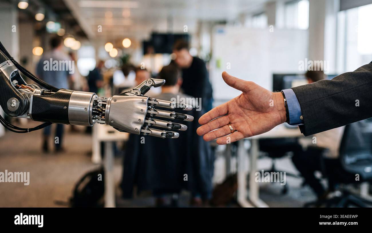 Human hand shaking robotic cyborg hand, collaboration, handshake Stock Photo