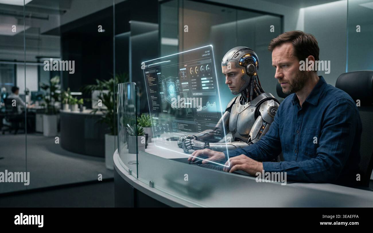 Artificial Intelligence AI Agent Cyborg Robot Working Beside A Real 