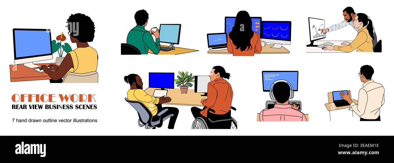 Rear view office work scenes with diverse people Stock Vector