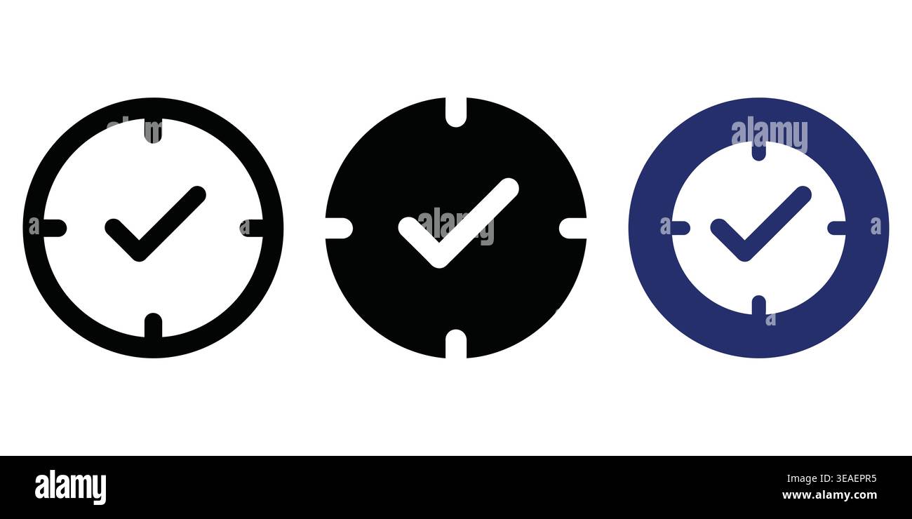 Creative clock icons with checkmarks symbolizing time confirmation and validation in various design styles Vector Checkmark Icons Stock Vector