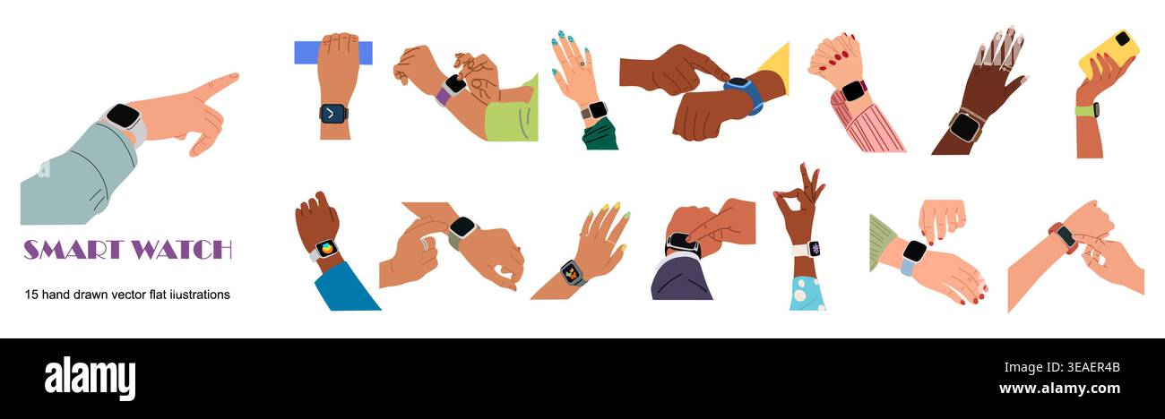 Set Smartwatch on diverse hands showing gestures Stock Vector
