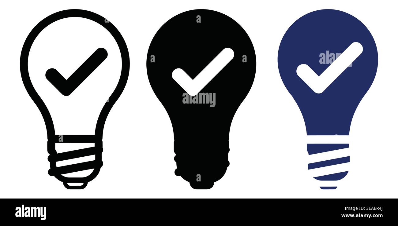 Creative visualization of approved ideas or concepts using light bulb icons with checkmarks Vector Checkmark Icons Stock Vector