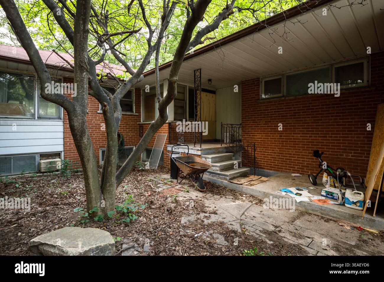 An abandoned 1950s ranch-style house with boarded windows. The House ...