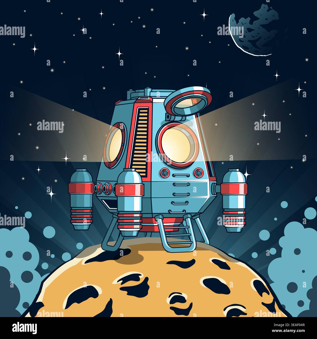 Retro Futuristic Space Lander On Moon Surface Exploration Vector Stock Vector