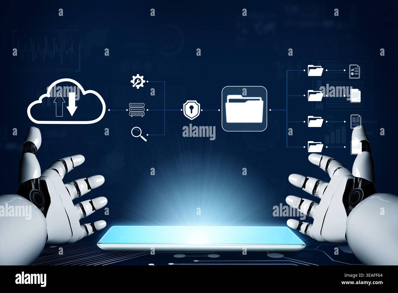 Futuristic Robot Hands Interacting with Cloud Technology and Data Security Concepts on a Digital Background Quark. Stock Photo