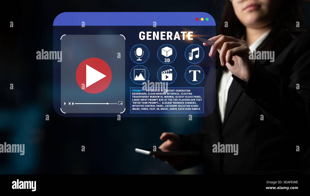 Woman Interacting with Digital Interface for Content Generation, Featuring Multicolor Media Elements and Touch Technology in Professional Environment Stock Photo