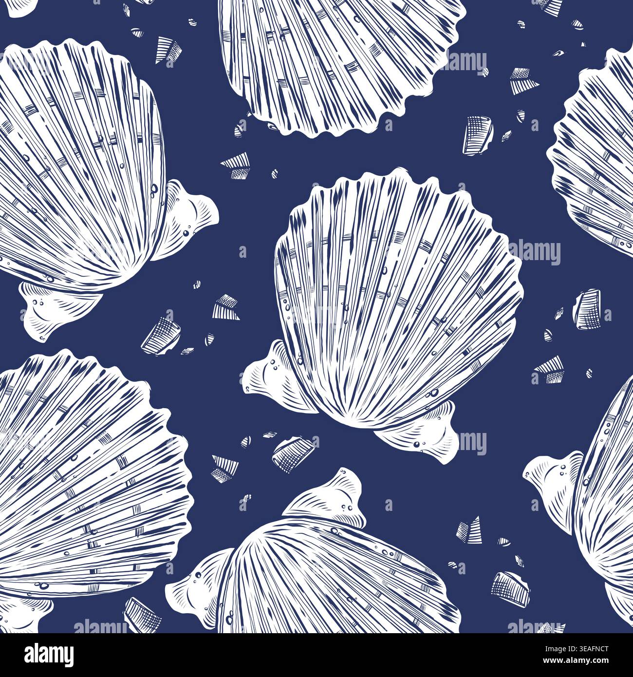A seamless pattern with hand-drawn scallop shells on a dark blue background. Nautical-themed vector illustration for decor, wallpaper, and summer Stock Vector