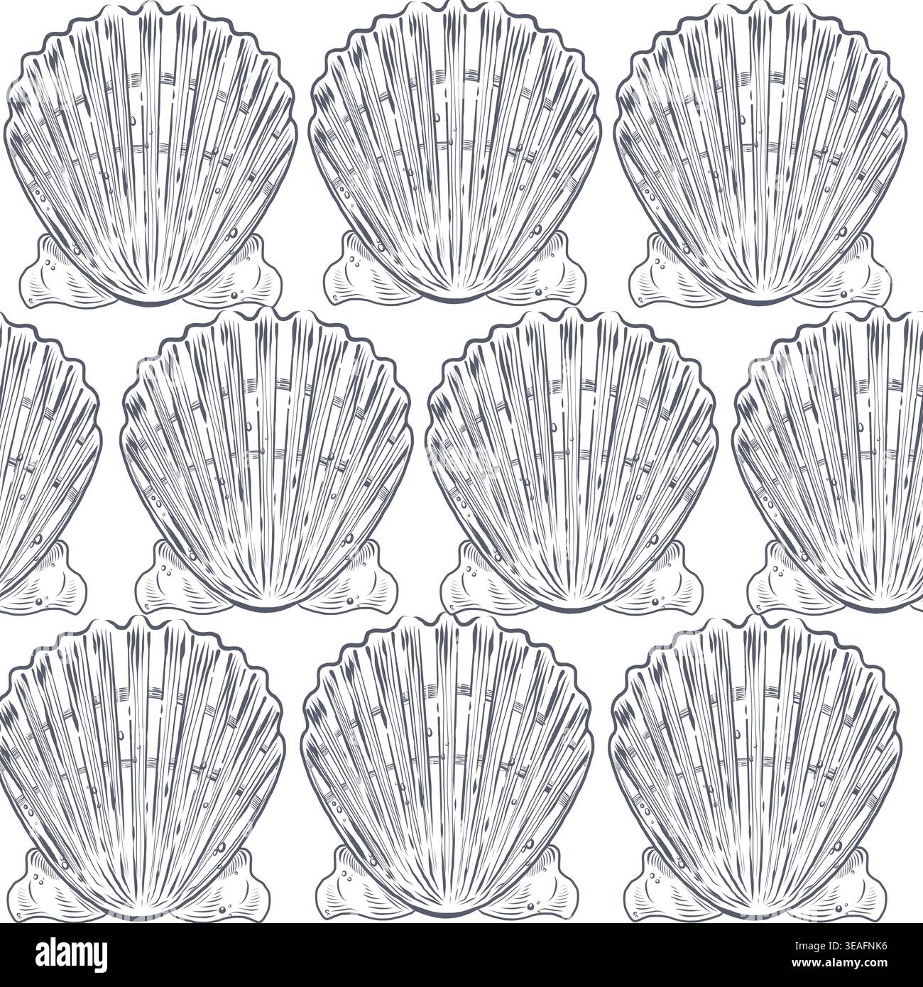 Seamless pattern with hand-drawn seashells. Nautical background with a repeating scallop shell image. Vector seamless pattern for decor and design of Stock Vector