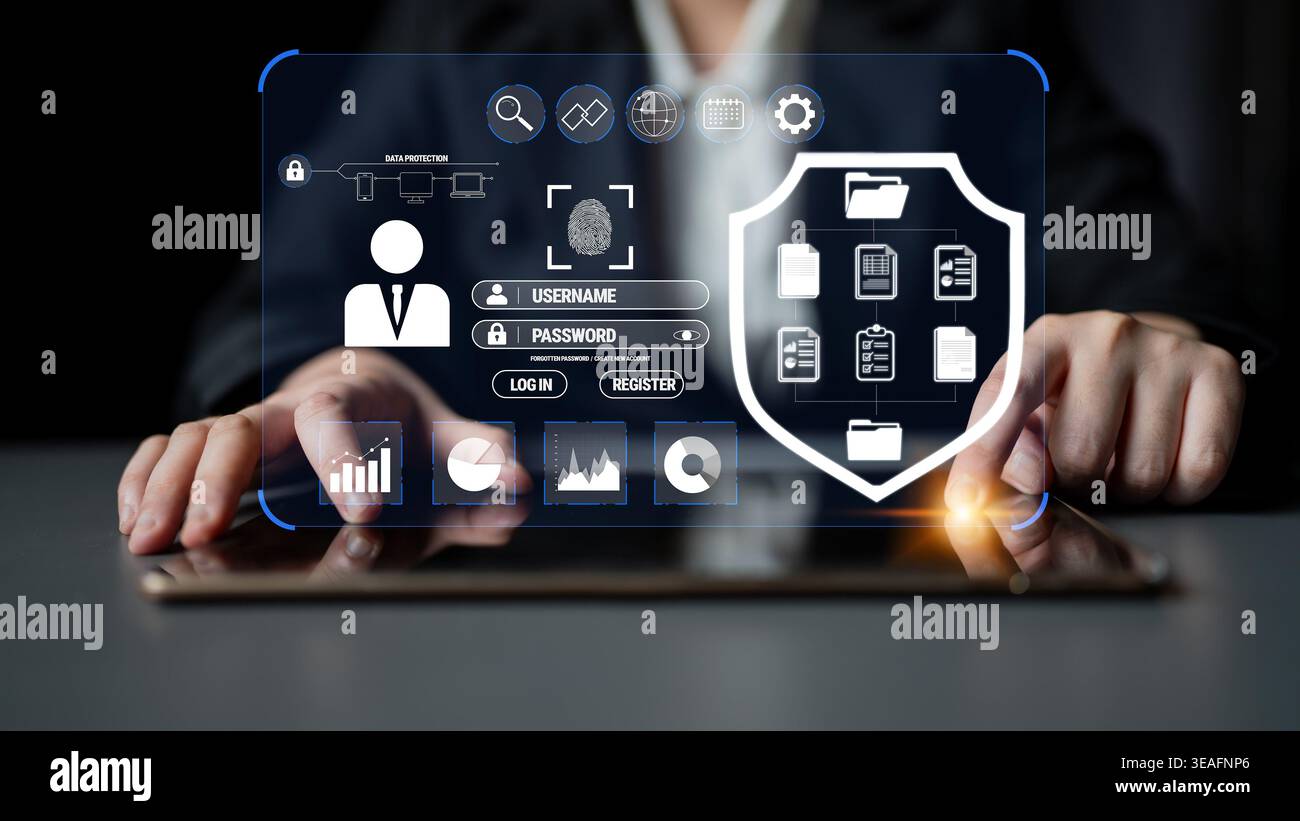 Person Using Tablet with Security Interface for User Identification, Data Protection, and Account Management in Modern Technology Environment Quark. Stock Photo