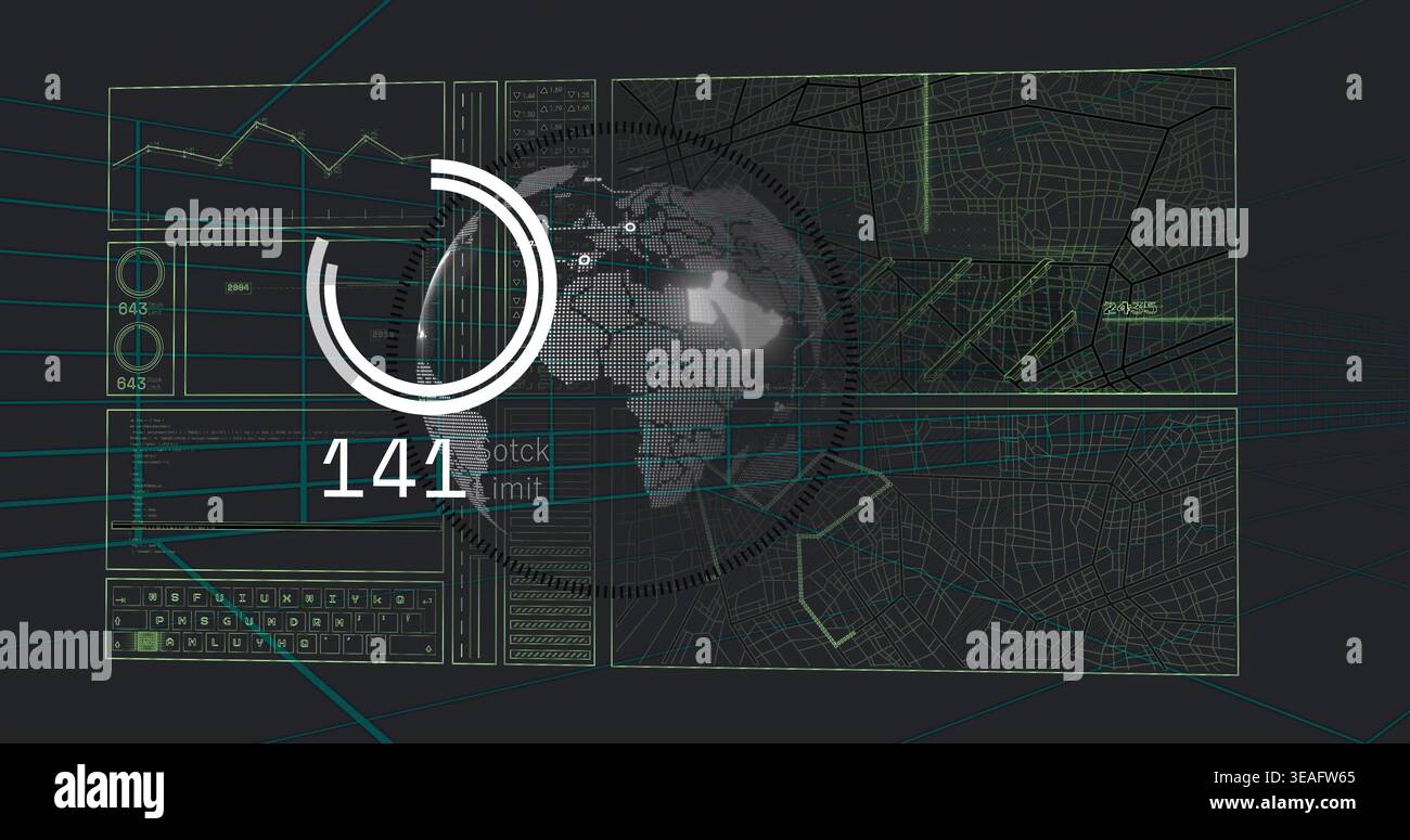 Displaying central dotted globe showing circular progress ring on command-center HUD, showing 141 Stock Photo