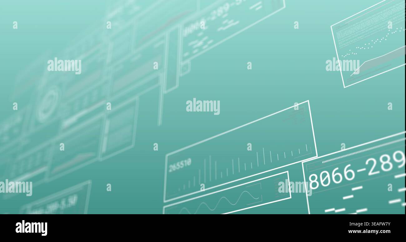 Floating translucent data panels tilting right on teal field, showing line charts, numeric 8066-289 Stock Photo