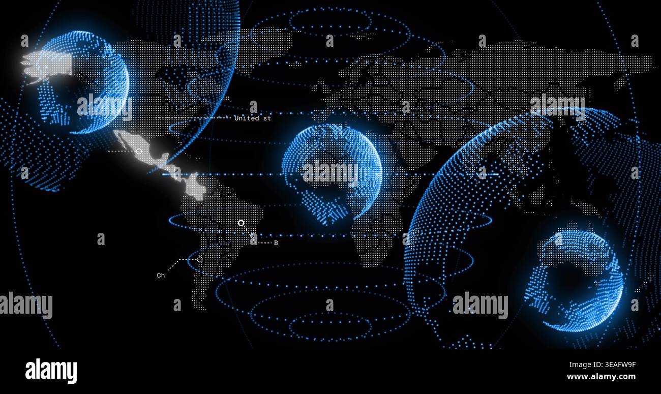 Displaying large right-side dotted globe orbiting over dotted world map with concentric rings Stock Photo