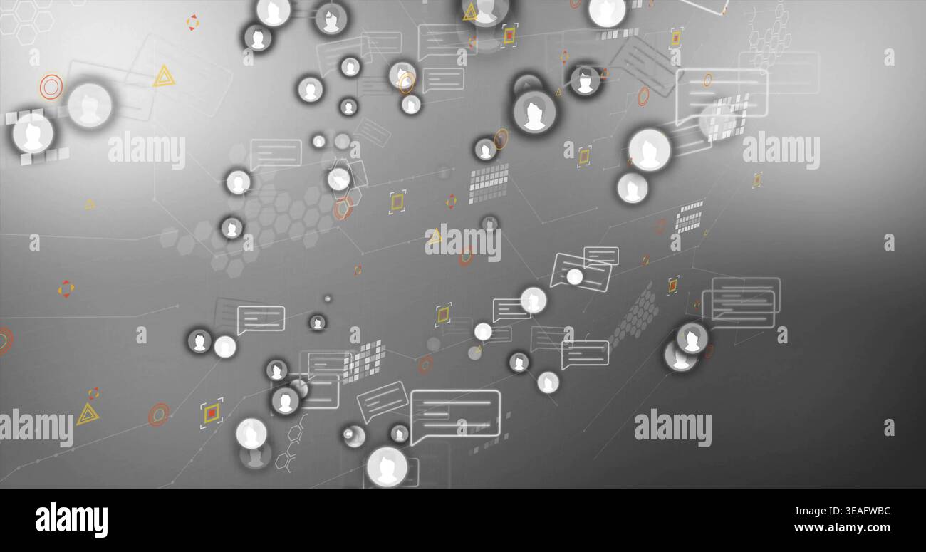 Displaying gray network with avatar nodes, floating chat panels, hex pattern on gradient backdrop Stock Photo