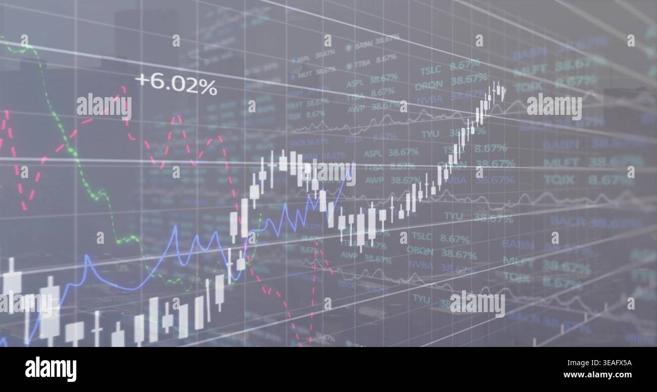 Displaying translucent trading chart on screen, showing white candlesticks, colored lines, +6 Stock Photo