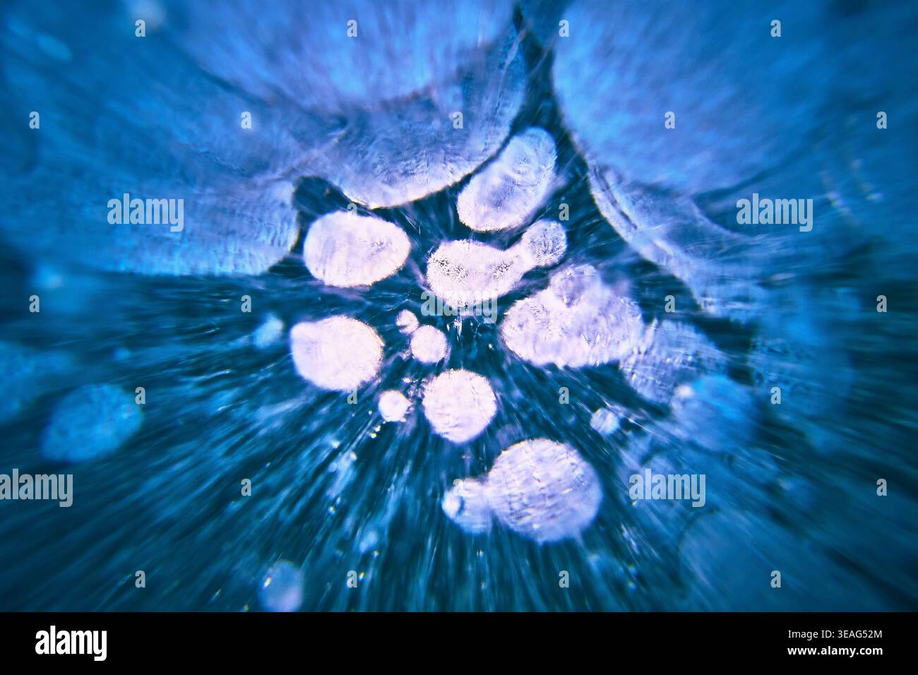 Frozen Methane Bubbles in Blue Ice Abstract Winter Macro Stock Photo