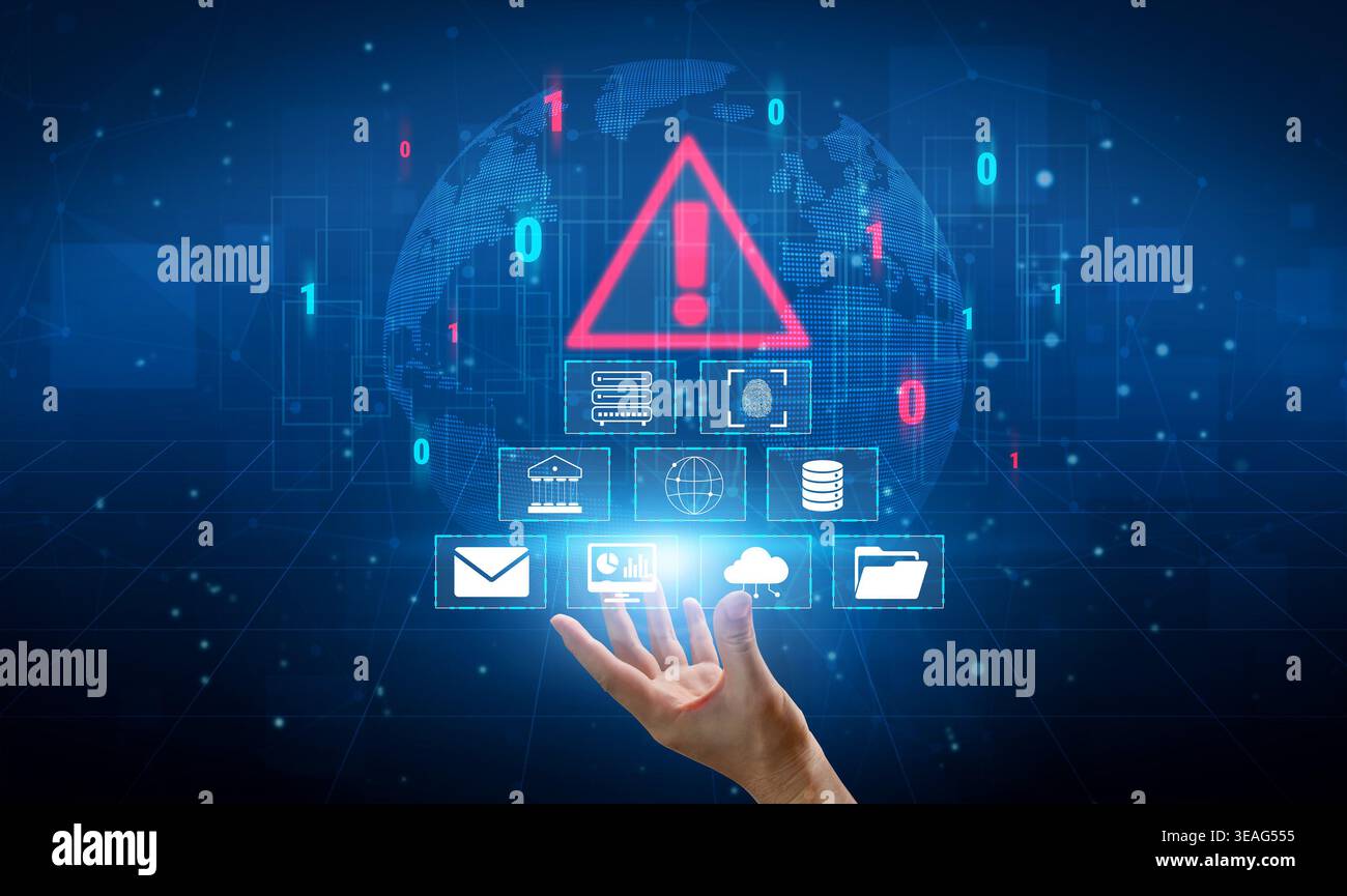 Hand Reaching Out to Digital Interface with Warning Icon and Data ...