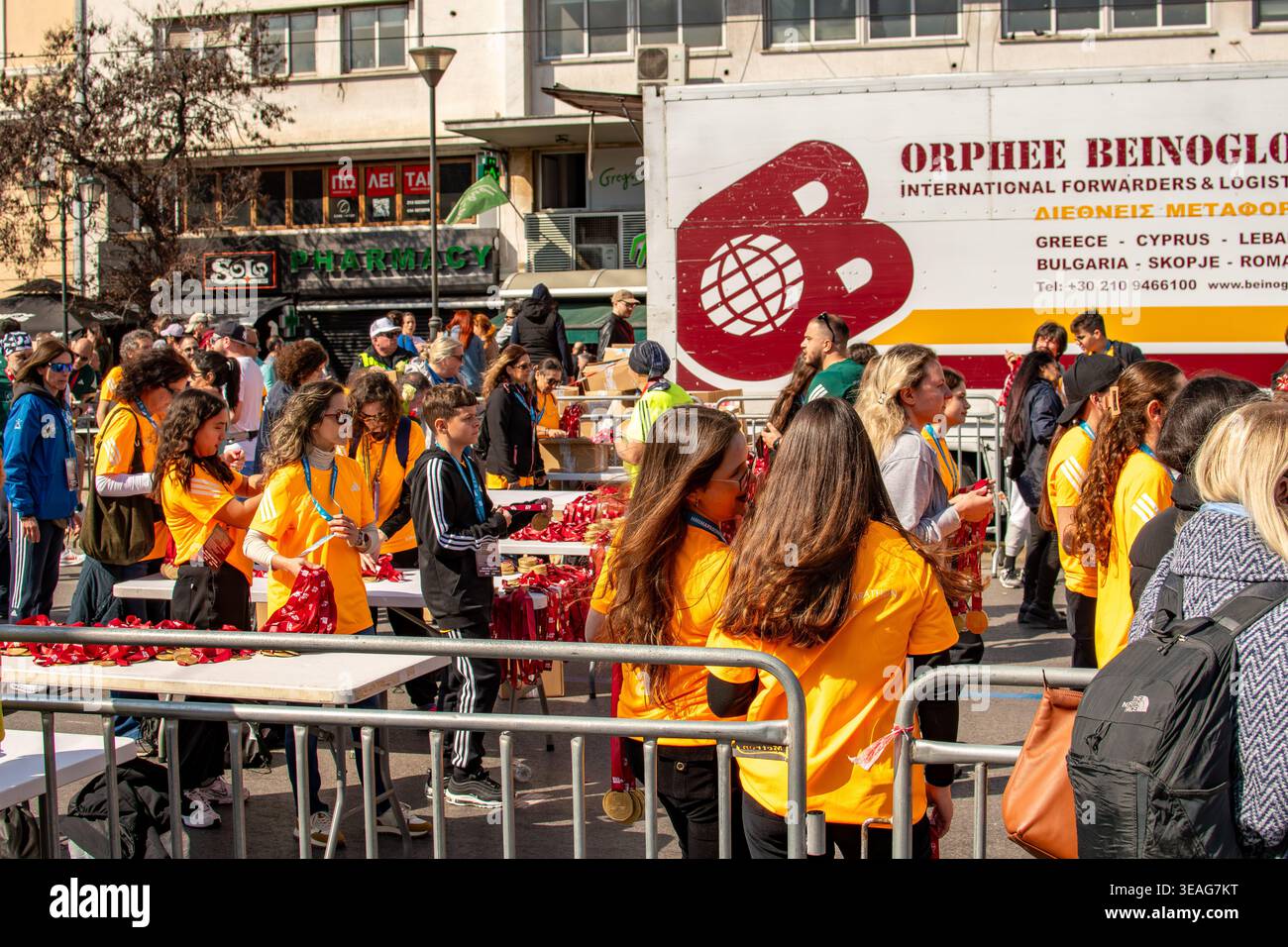 Volunteers and setup areas at the Athens Half Marathon in Greece. Stock Photo