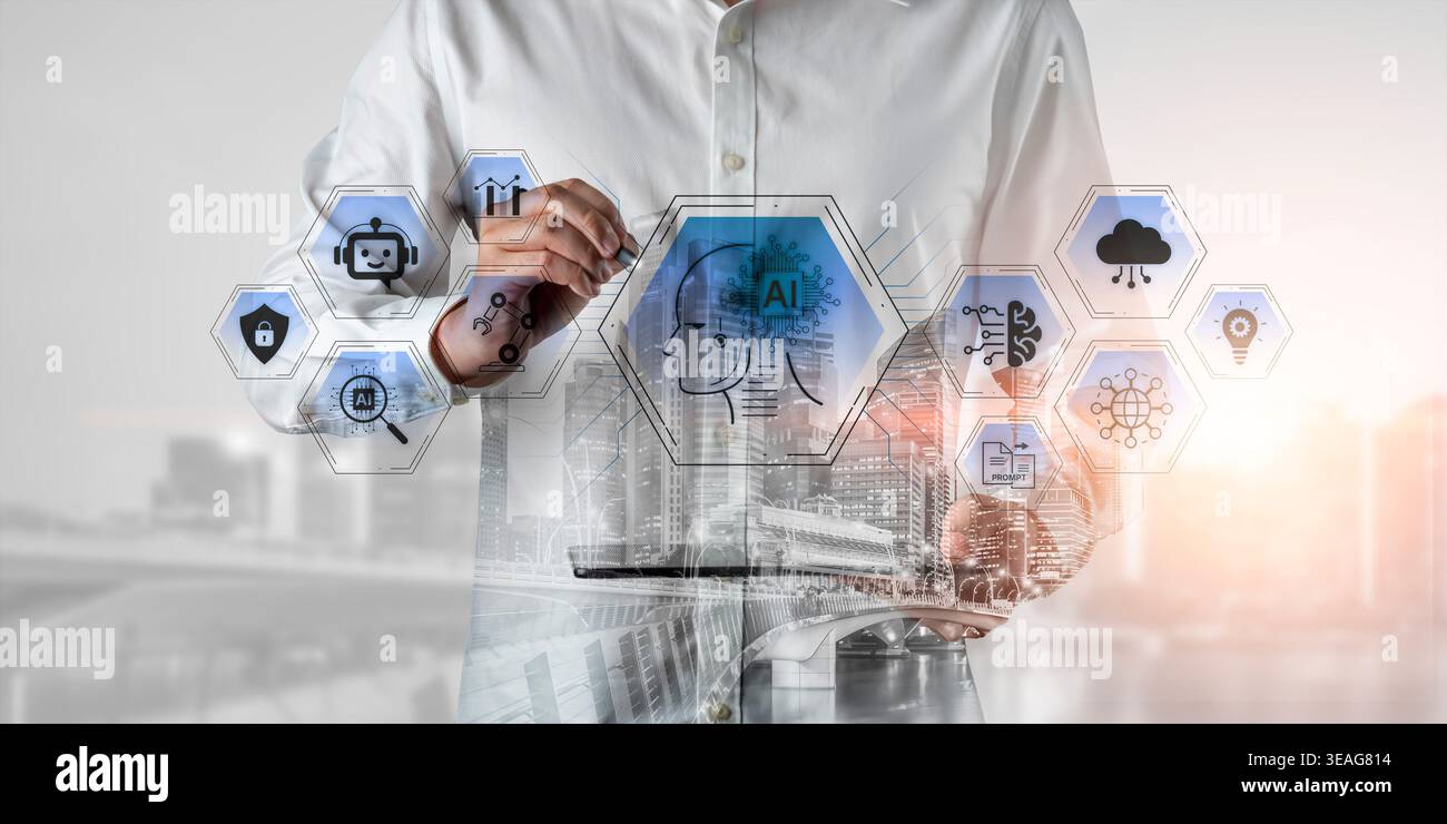 Artificial intelligence use case concept linking analytics, security, cloud services and operations for modern organizations. Corpus Stock Photo