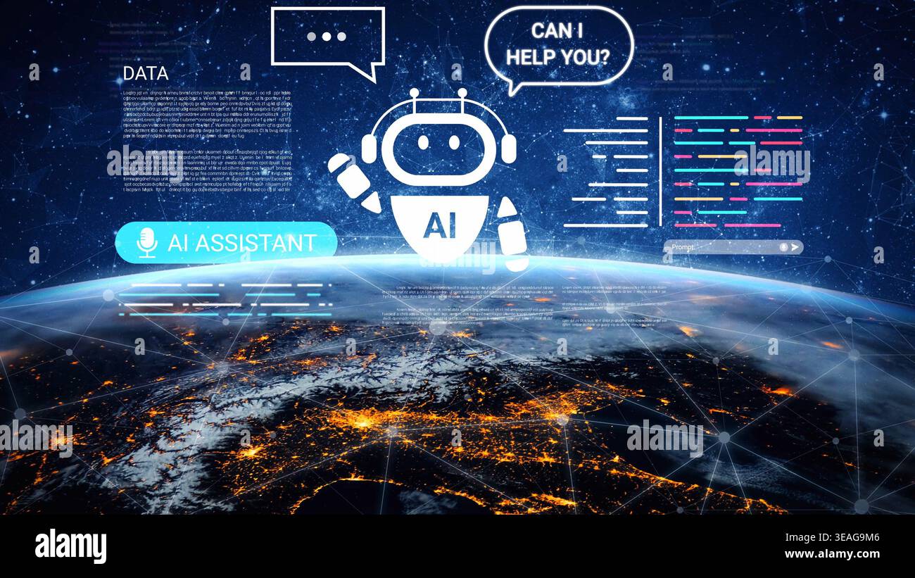 Futuristic AI Assistant Offering Help Over Earth View with Data Overlay and Coding Elements in Background Gluon. Stock Photo
