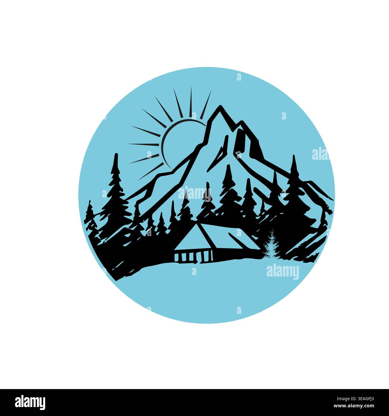 Mountain and sun logo . Hand drawn. Not AI, vector illustration. Stock Vector