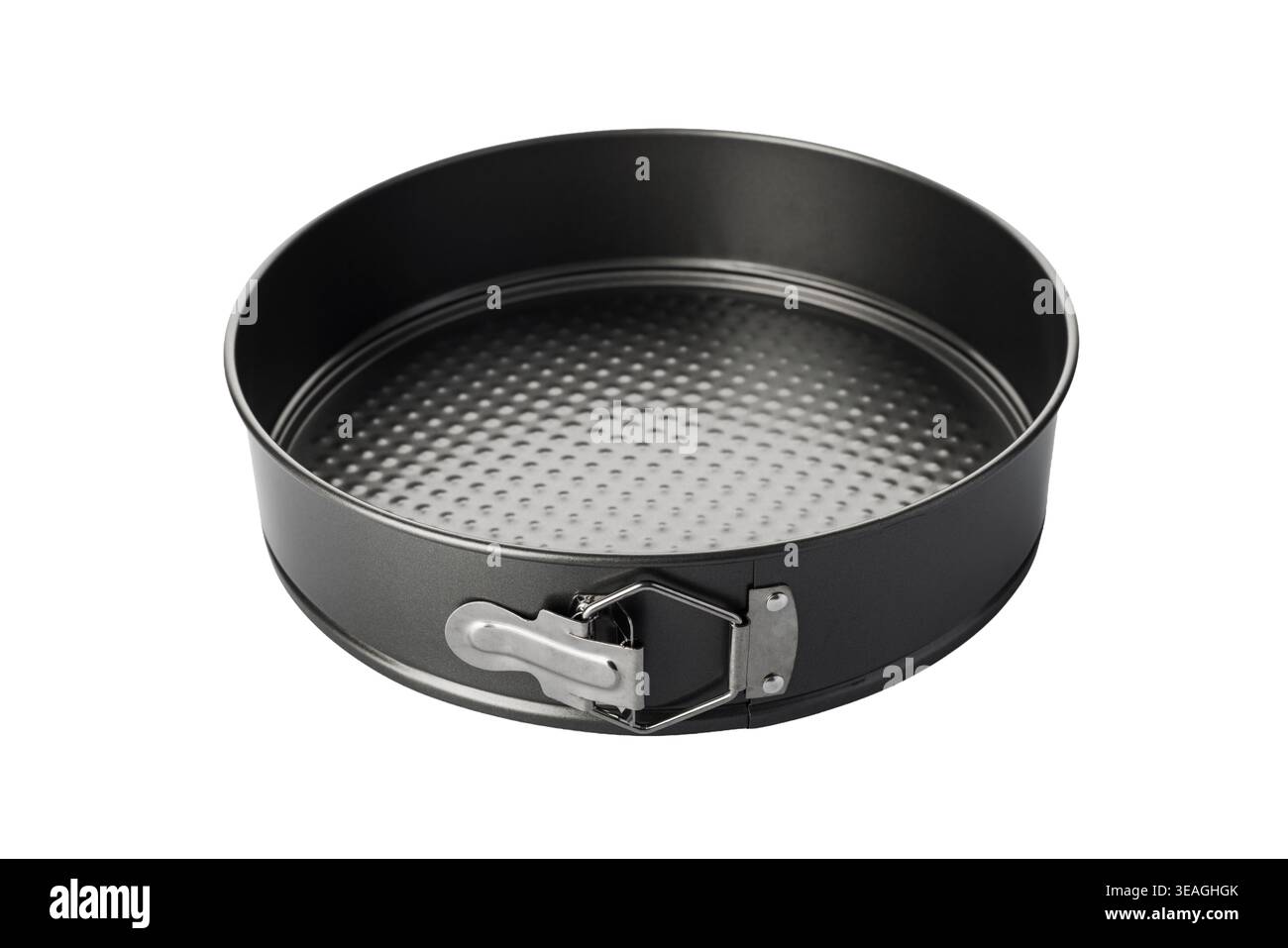 Round springform cake pan with latch and textured base Stock Photo