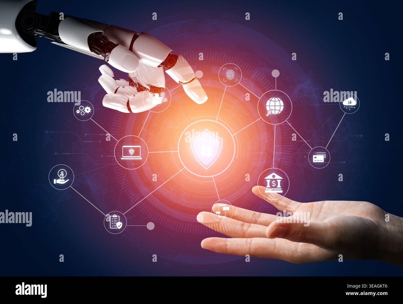 An AI assistant manages a comprehensive cybersecurity network. This smart system provides total protection for digital finance, cloud data, and person Stock Photo