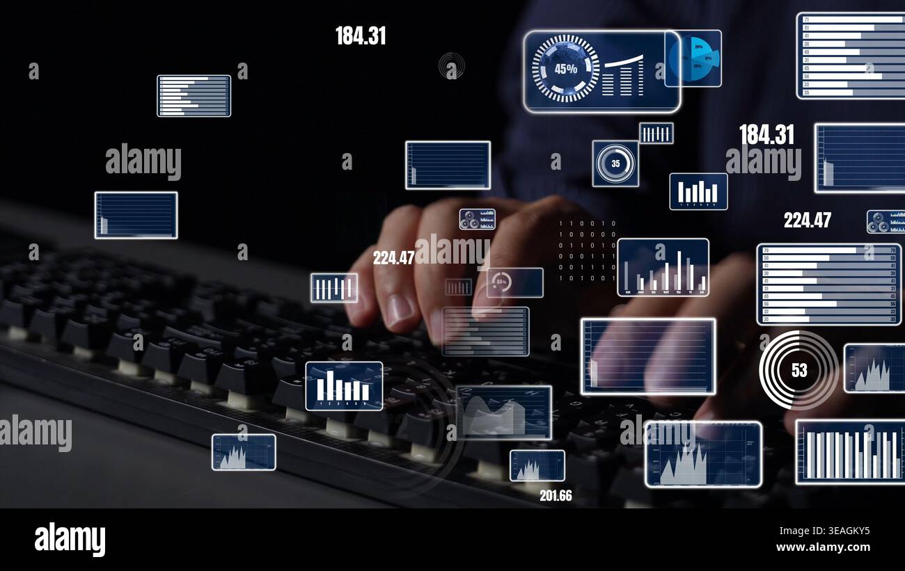 A close-up view of hands typing on a keyboard, enriched by floating graphical data visualizations that highlight the dynamic relationship between tech Stock Photo