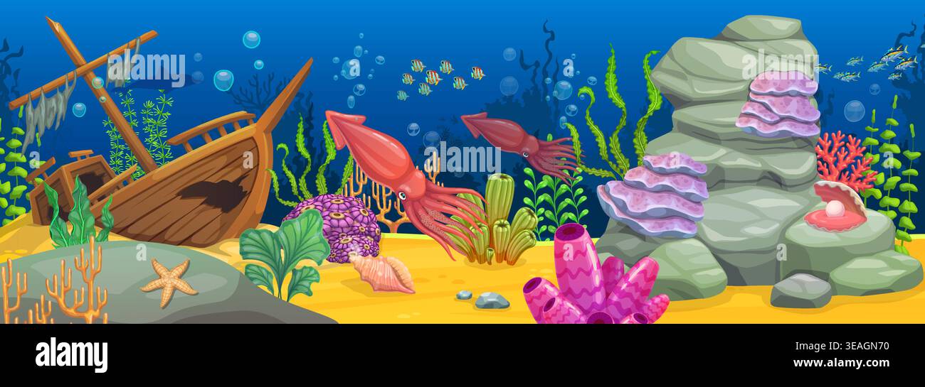 Underwater landscape game background. Marine life vector background ...