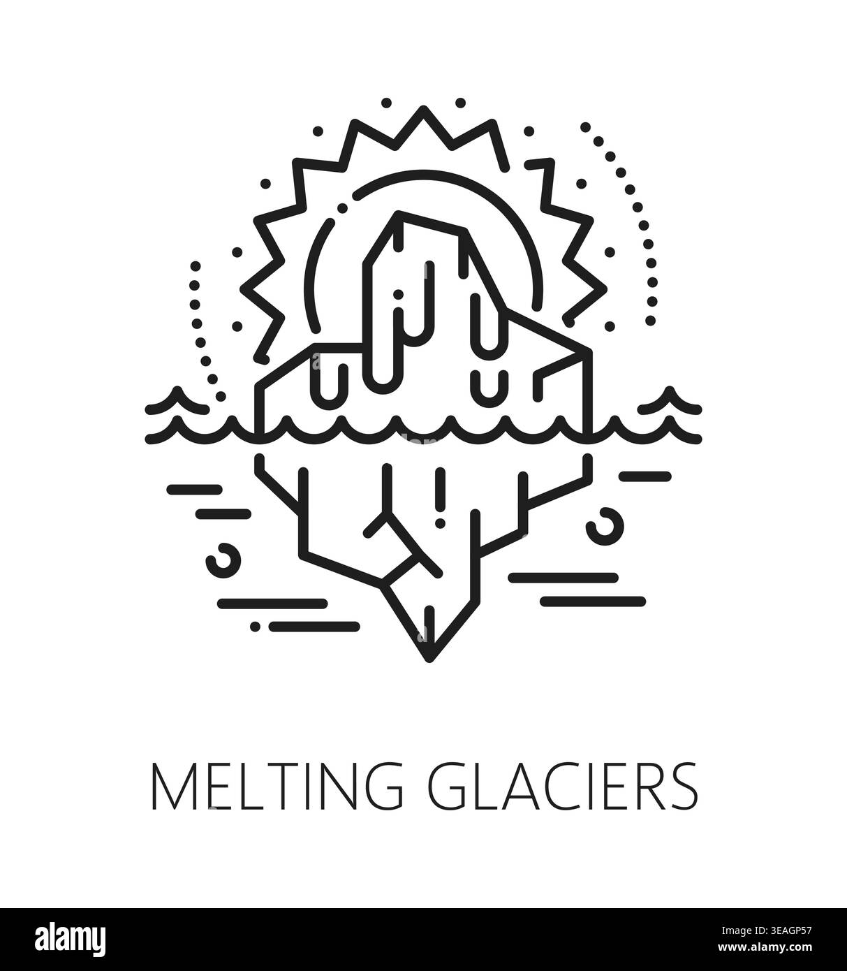Melting glaciers natural disaster, global cataclysm line icon. Climate ...