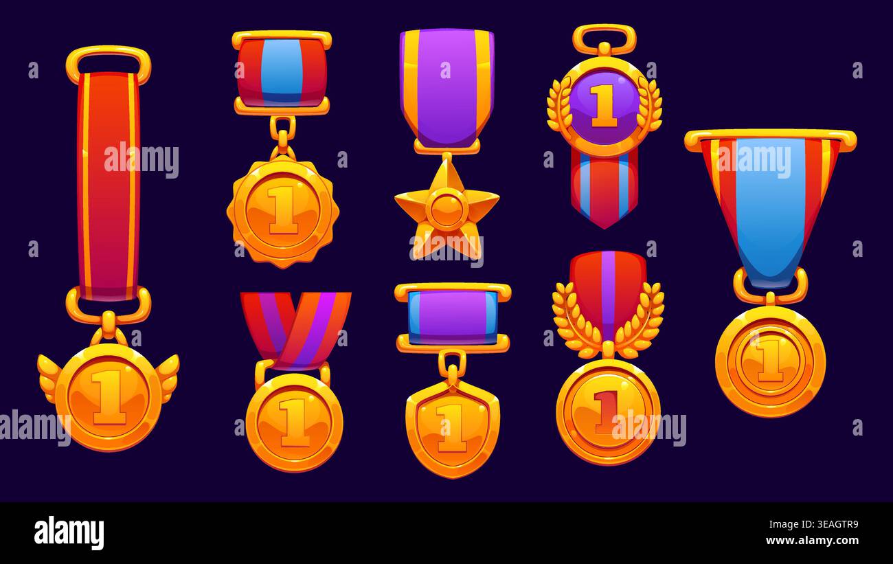 Game golden medals award vector icons. Victory and achievement trophy ...