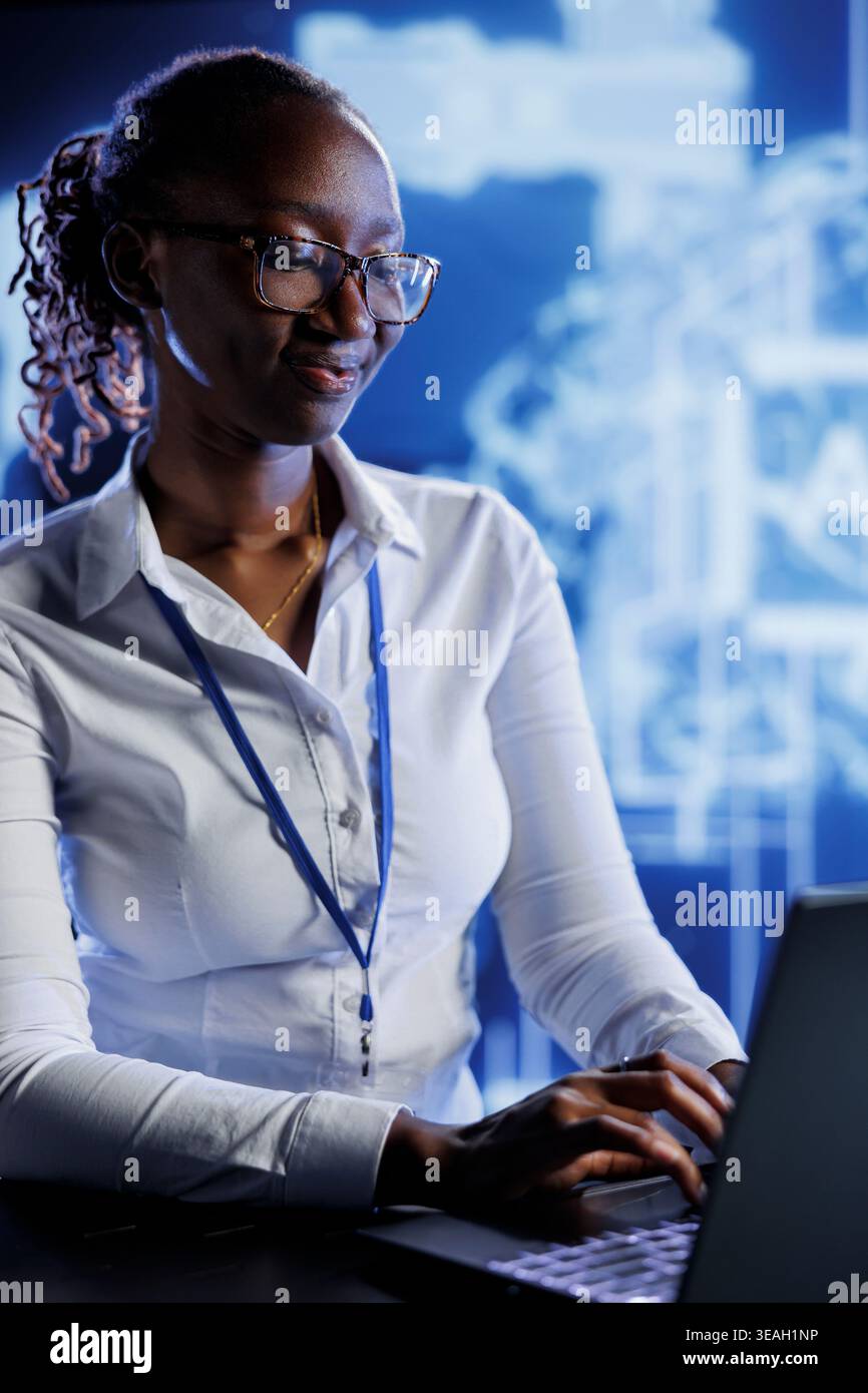 Trained engineer developing artificial intelligence neural networks nodes modeled after human brain. Knowledgeable expert setting up AI machine learning accurately making predictions using data Stock Photo