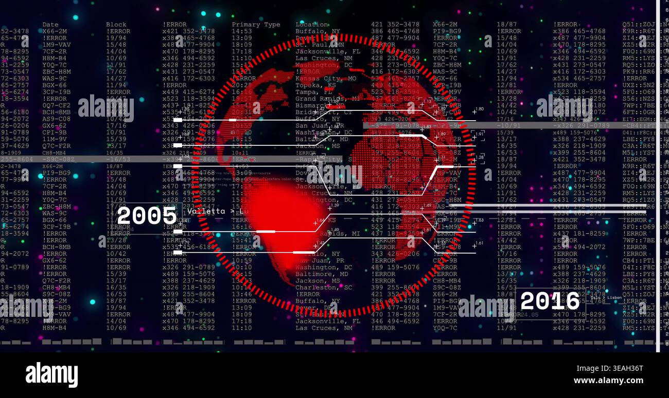 Displaying red circular emblem centered, linking 2005 to 2016 with timeline bars, hex nodes, ERRORs Stock Photo
