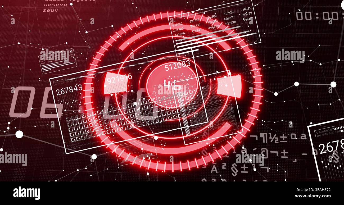 Animating central HUD with red rings, floating data panels, numeric readouts over dark grid Stock Photo