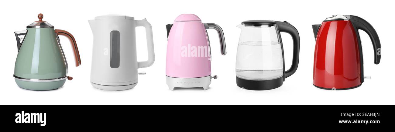 Different electric kettles isolated on white, set Stock Photo