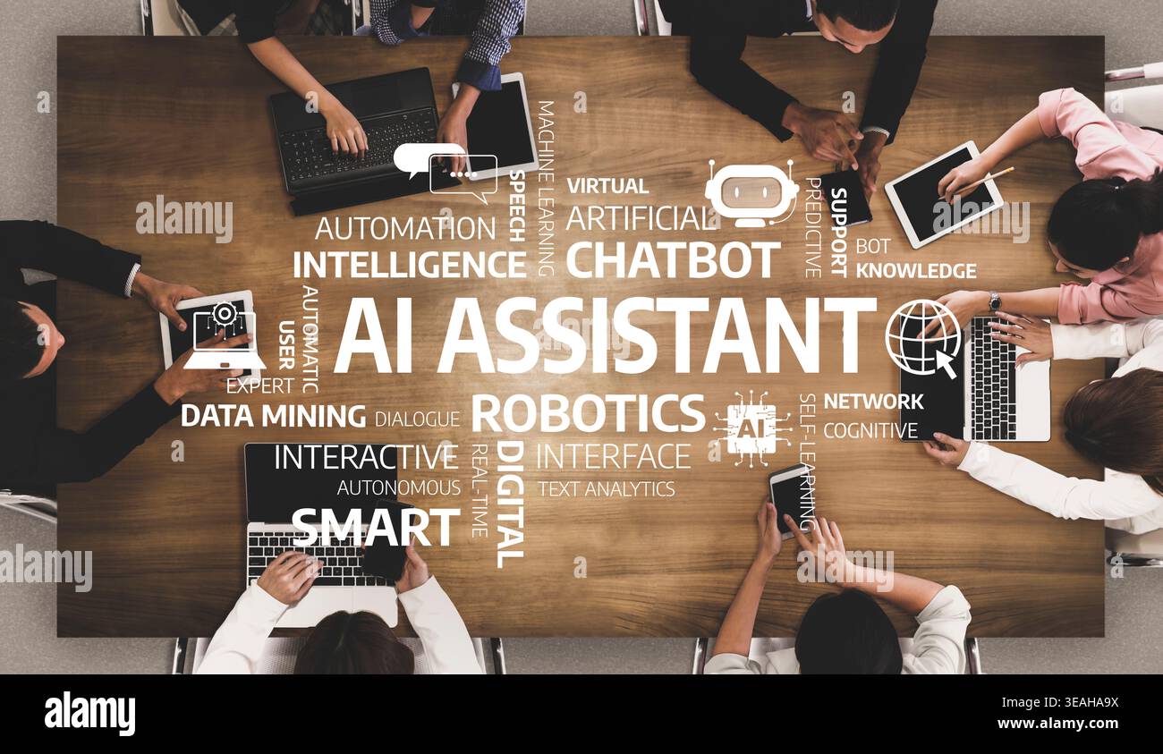 Assistant Technology A diverse group of professionals collaborates on AI assistant ...