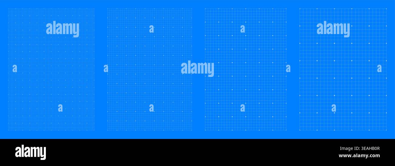 Blueprint grid set mini Star Dot geometry, four scale variations. Wide medium dense micro spacing comparison, engineering layouts dashboards notebook pages interface planning technology graphics. Stock Vector