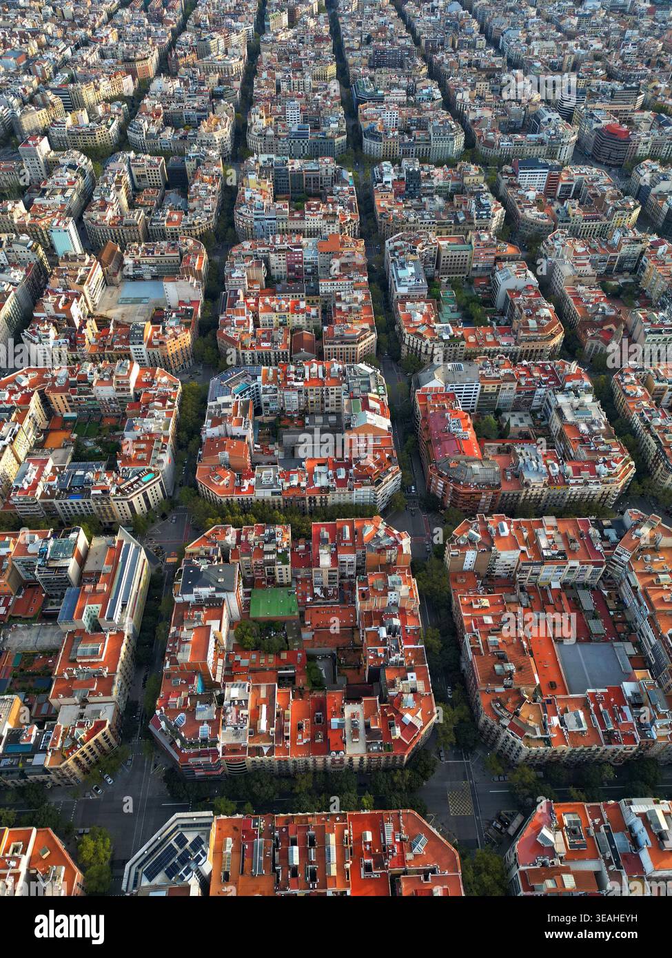 Aerial view of the iconic octagonal city blocks of the Eixample ...