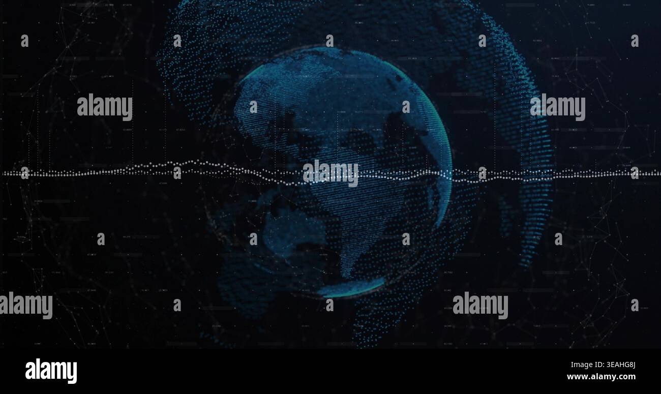 Rotating blue dotted globe pulsing in virtual space, with white waveform and node network Stock Photo