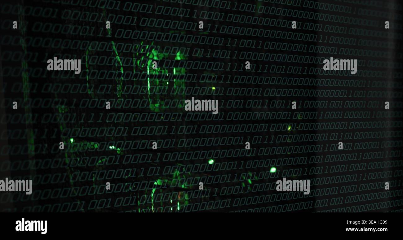 Displaying green binary matrix overlaying circuit traces on reflective panel, glowing LED points Stock Photo