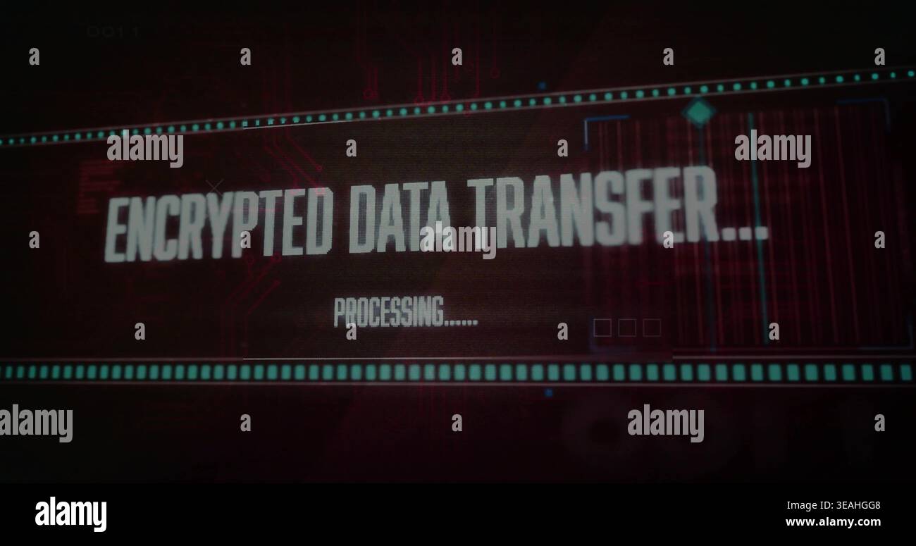 Displaying banner showing ENCRYPTED DATA TRANSFER and PROCESSING on screen, 3 boxes, cyan borders Stock Photo