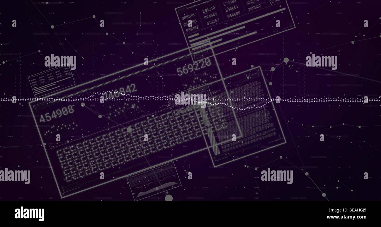 Floating wireframe keyboard rotating in data panel with clear docs IDs ...
