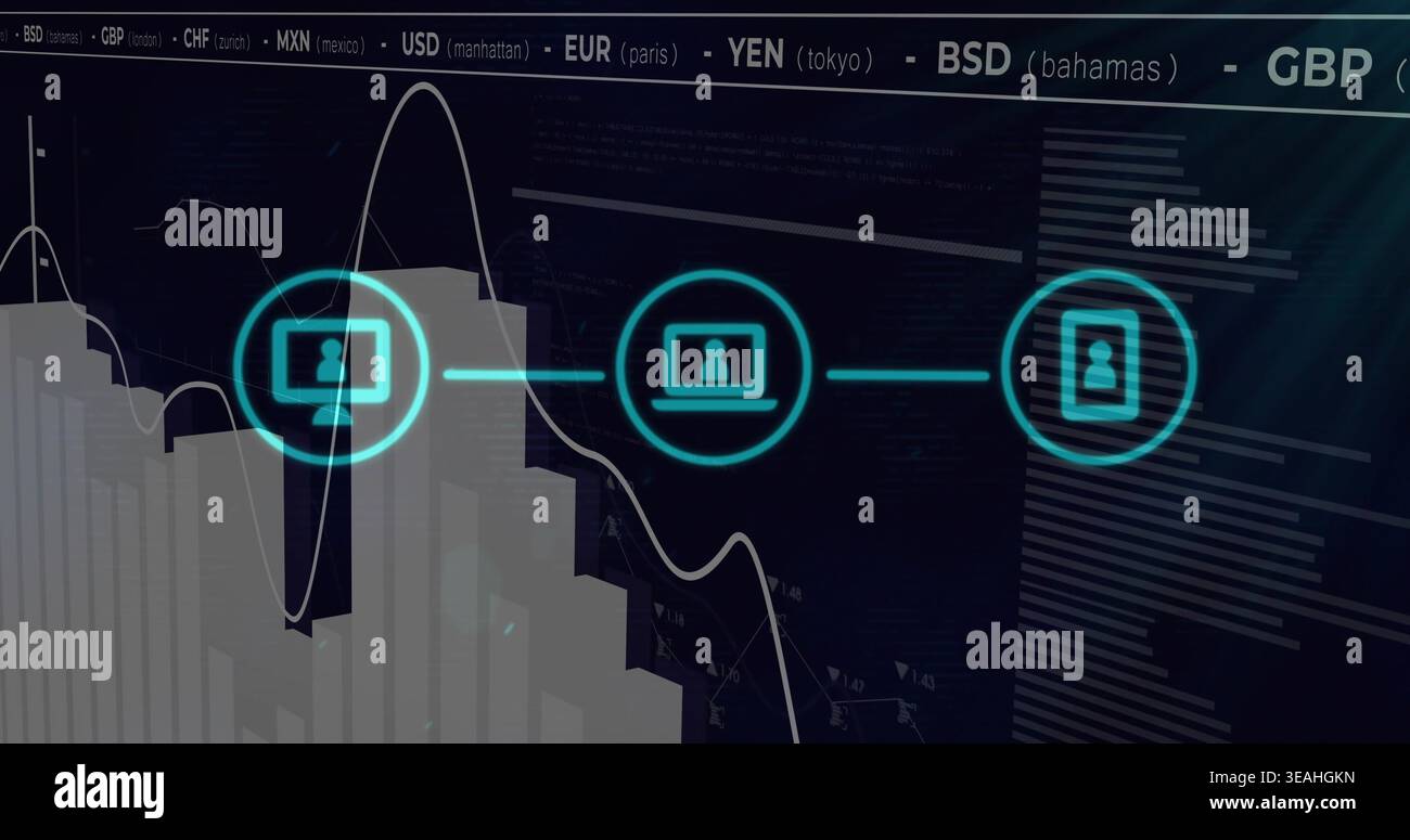 Showing three glowing teal device user icons connecting on virtual ...
