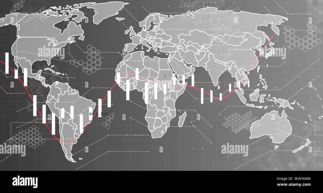 Displaying world map with candlestick bars and red trend line on dark grid dashboard, hex patterns Stock Photo