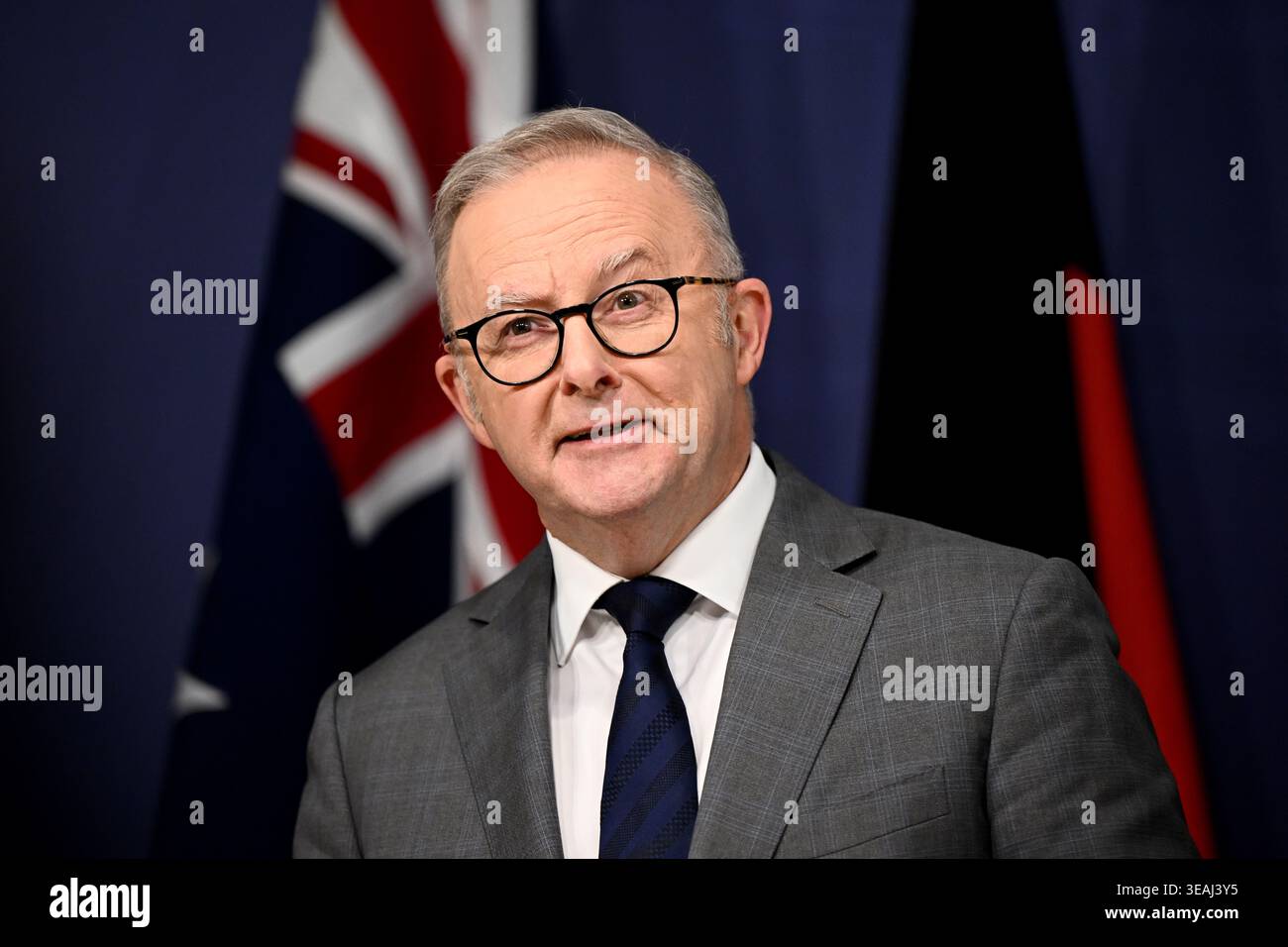 Prime Minister Anthony Albanese speaks to media during a press ...